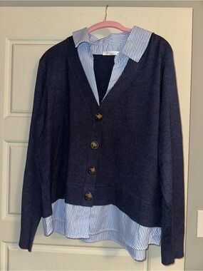 Women’s Navy V-Neck Button Sweater with Contrast Shirt Detail